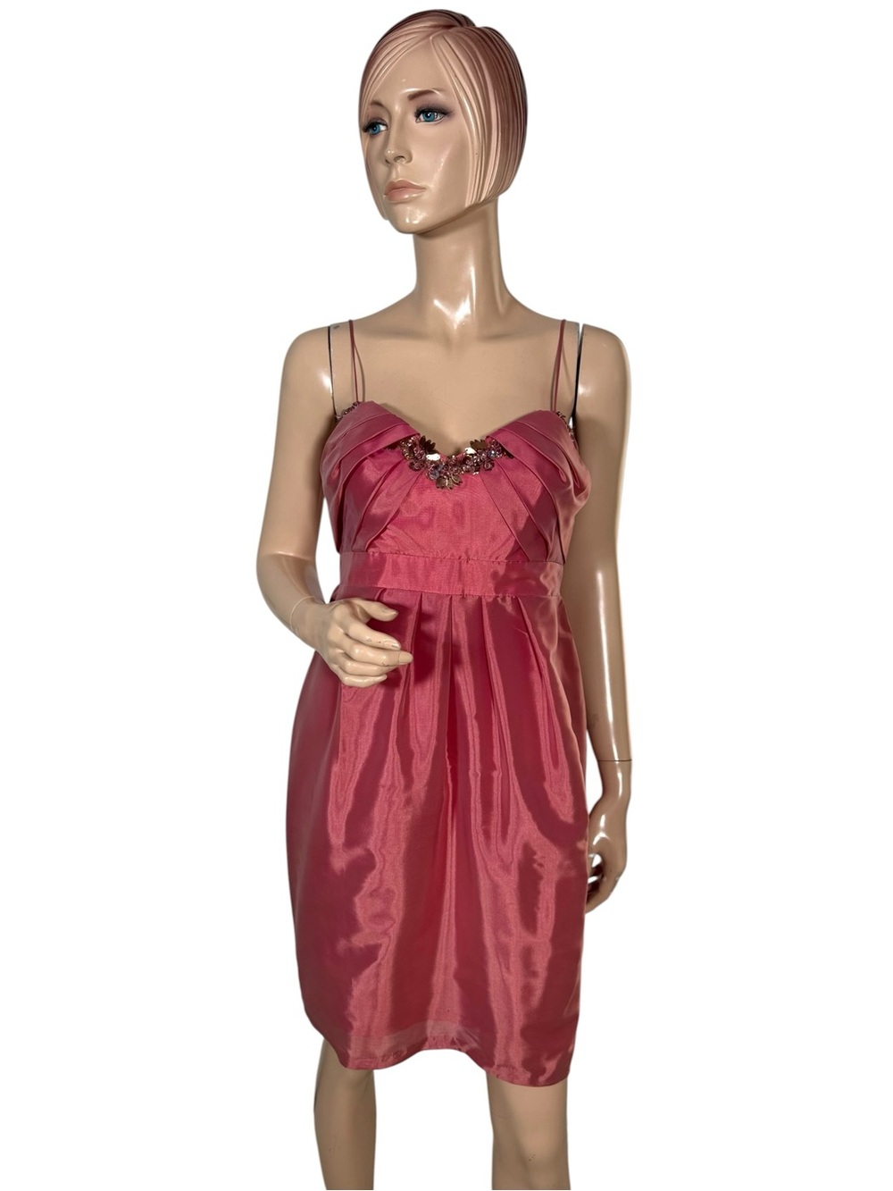 David Meister Pink Satin Cocktail Dress with Beaded Neckline Size 2